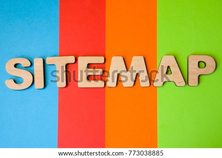 Word Sitemap of large wooden letters on colored background of 4 colors: blue, orange, red and green. Concept sitemap as list of pages to website in XML format for internet search engines spiders