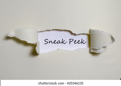 The word sneak peek appearing behind torn paper.