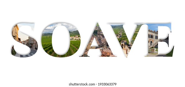 Word Soave in which a photo representing a landmark of the town is applied to each letter - Shutterstock ID 1933063379