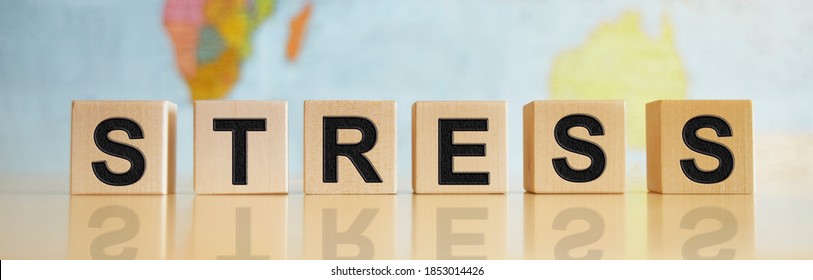 The word STRESS written on wooden cubes isolated on a political map background - Shutterstock ID 1853014426