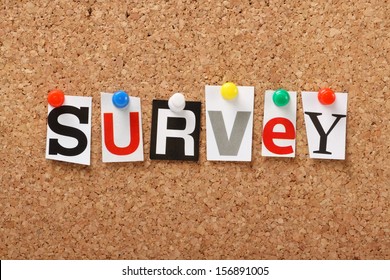 The word Survey in cut out magazine letters pinned to a cork notice board. Surveys are essential for feedback in politics and business.