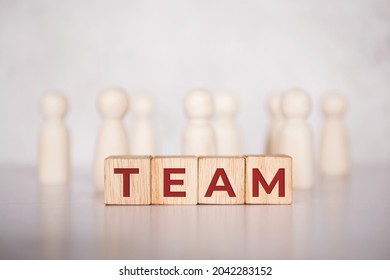 Word Team On Wooden Block, Relationship Of Collaboration And Leadership For Success, Group Of Community And Employee With Corporate, Teamwork For Brainstorming Together, No People, Business Concepts.