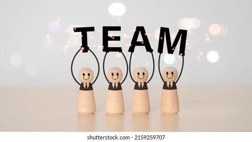 Word Team On A Wooden Block, Collaborative And Leadership Connection For Success, Community And Employee Group With Corporate, Teamwork For Thinking Together, No People, Business Concepts