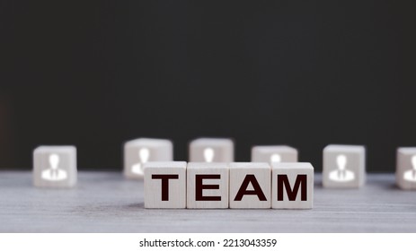 Word Team On Wooden Block, Relationship Of Collaboration And Leadership For Success, Group Of Community And Employee With Corporate, Teamwork For Brainstorming Together, No People, Business Concepts.