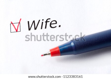 The word wife is printed on a white background. Check mark in red, marked in the square.