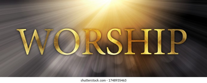 The word WORSHIP online concept written in gold texture on wooden background.