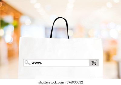 Word Www. On Search Bar Over Shopping Bag And Blur Store Background, Online Shopping Background, Business, E-commerce, Web Banner