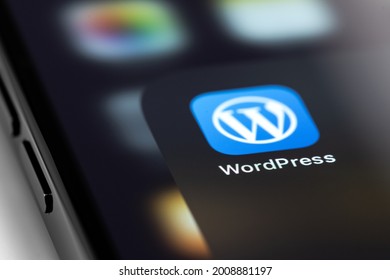 WordPress mobile icon app on screen smartphone iPhone macro. WordPress - open source site content management system. Moscow, Russia - June 15, 2021