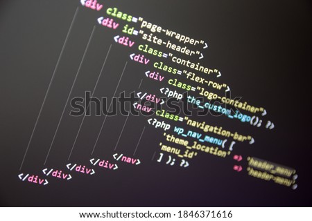 Wordpress theme code close up. Laptop screen with PHP code