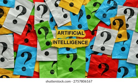 The words Artificial Intelligence on torn yellow paper surrounded by colorful crumpled notes with question marks on them. Close up.