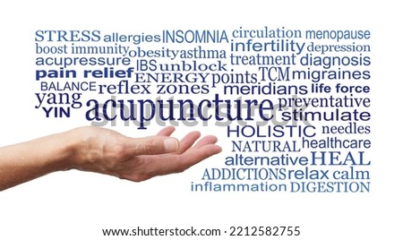 Words associated with Acupuncture on white background - female open hand with the word acupuncture above surrounded by a relevant word cloud on a white background
