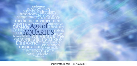 Words Associated with The Age of Aquarius Word Tag Cloud - a circular word cloud relevant to the new era of Aquarius against a flowing watery blue green lemon purple mystical ethereal  background 