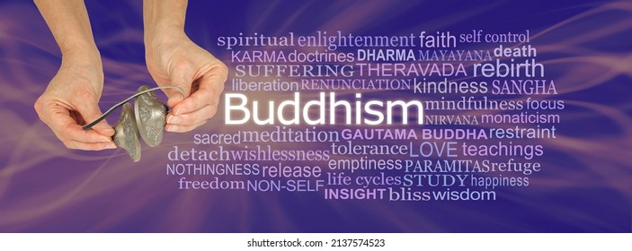 Words associated with Buddhism  Background -  female hands holding Ting Sha Tibetan percussion bells beside a relevant word cloud on a purple pink energy flowing background

