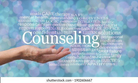 Words Associated with Counseling Word Cloud - female therapist with open palm and the word COUNSELING floating above surrounded by relevant words on a  blue green purple bokeh background
