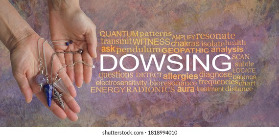 Words associated with dowsing - female hand showing a selection of dowsing pendulums beside a DOWSING word cloud against a rustic grunge brown purple background
 - Shutterstock ID 1818994010
