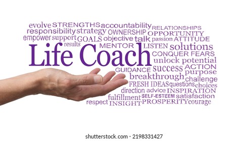 Words Associated With Life Coaching  - Female Open Palm Hand With The Words LIFE COACH Floating Above Surrounded By Relevant Word Cloud On A White Background
