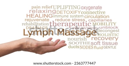 Words Associated with Lymph Drainage Massage on white background - female open palm hand with LYMPH MASSAGE floating above surrounded by relevent words isolated on white
