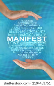 Words associated with Manifesting what you want -  circular word cloud relevant to MANIFEST on a turquoise blue matrix background with a hand above and a hand below the circle
 - Shutterstock ID 2104453751