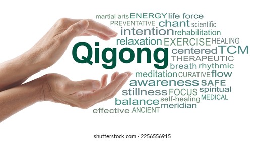 Words Associated with QiGong Word Cloud - female hands cupped around the word QIGONG surrounded by relevant words isolated on a white background
 - Shutterstock ID 2256556915