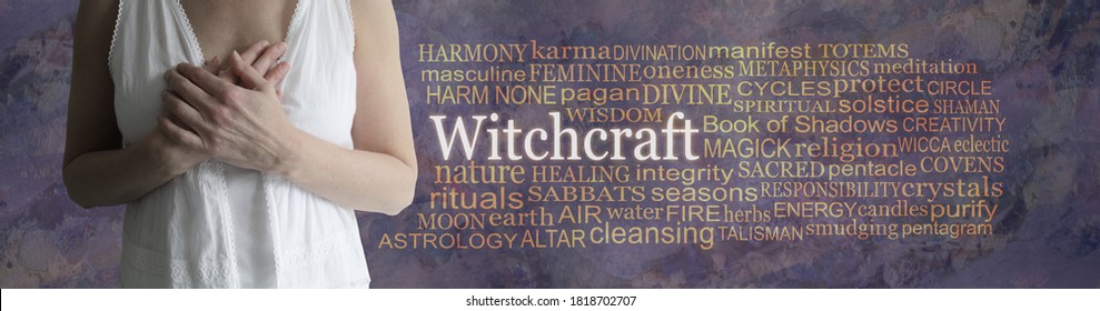 Words Associated With Witchcraft Word Cloud - Mature Female In White Dress With Hands Over Heart Beside A WITCHCRAFT Word Cloud Against A Rustic Purple Brown Grunge Stone Background
