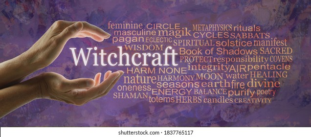 Words Associated With Witchcraft Word Cloud -  Female Hands Cupped Around The Word  WITCHCRAFT And A Relevant Word Cloud Against A Rustic Purple  Grunge Stone Background
