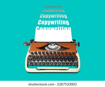 Words Copywriting going out of vintage typewriter on turquoise background