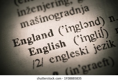Words England And English From The Old Dictionary. Selective Focus, Close Up.