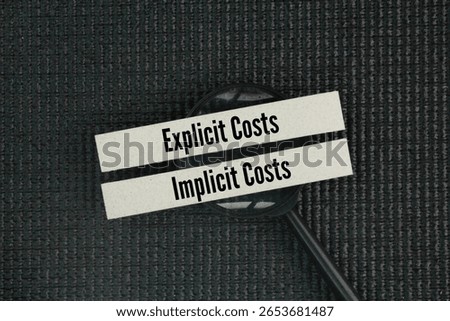 The words Explicit and implicit costs. Explicit costs are defined as costs that involve spending money. Implicit costs on the other hand, are nonmonetary opportunity