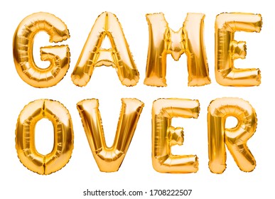 Words GAME OVER made of golden inflatable balloons isolated on white background. Helium balloons gold foil forming word game over - Shutterstock ID 1708222507
