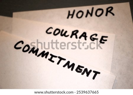 Words "Honor, Courage, Commitment" handwritten on paper, symbolizing core values and principles. Ideal for content on integrity, ethics, and personal growth.