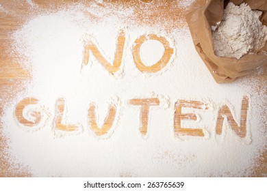The Words NO GLUTEN Written On Gluten Free Flour, Overhead View