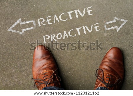 The words Reactive and Proactive written on the floor with arrows pointing in opposite directions