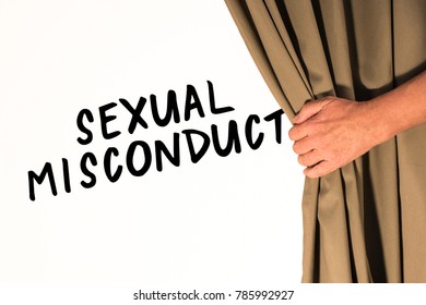 The Words Sexual Misconduct Being Revealed From Behind A Curtain