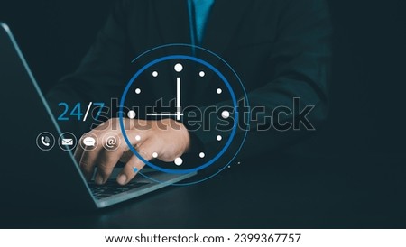 work 24hour and 7 day icon virtual screen hologram, 24hour open, 24 hour payment online banking, shopping, transection online service server cloud running.