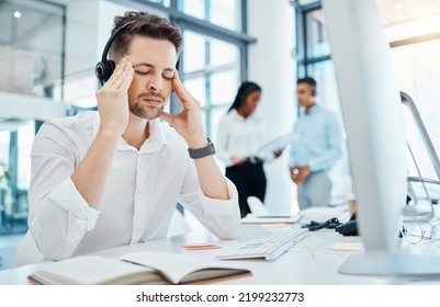 Work Burnout, Headache Or Stress For Crm Telemarketing Sales Worker, Customer Service Or Call Center Employee At Office Table. Online Customer Support Or Contact Us Help Desk Consultant With Migraine