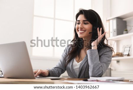 Work In Callcenter. Female Secretary With Headset Doing Customer Service