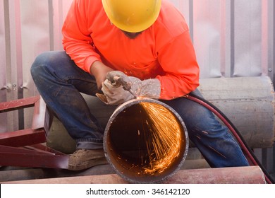 Work Cutting Steel Pipe Using Metal Torch And Install Roadside Fence