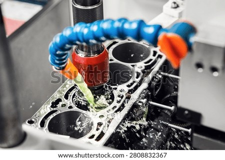 Work of Cylinder honing engine machine. Diamond boring of car details on CNC machine.
