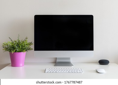 A work desk with a computer and a houseplant with a pink pot  against a white wall