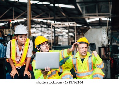 Work At Factory. Workers Man And Engineer Woman Team Working Together In Safety Work Wear With White And Yellow Helmet Using Laptop Computer.in Factory Workshop Industry Meeting Professional