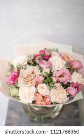 Work Florist. Beautiful Spring Bouquet. Arrangement With Mix Flowers. The Concept Of A Flower Shop, A Small Family Business. Pastel Color.