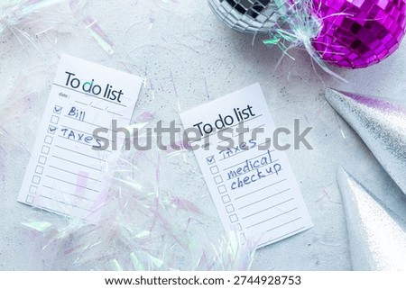 Work with fun. To do lists with confetti and disco balls. Admin night party concept.