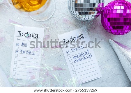 Work with fun. To do lists with confetti and disco balls. Admin night party concept.