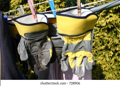 Work Gloves On Rotary Washing Line