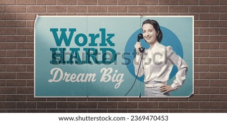 Work hard dream big inspirational ad, vintage poster design with smiling retro style secretary
