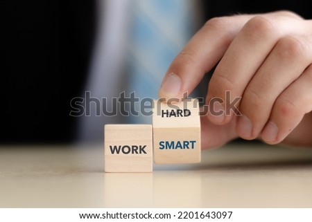 Work hard or smart concept. Blending both hard work with smart work and becoming efficiently effective. Increasing productivity performance.Work smart not hard concept. Success in career, job or life.