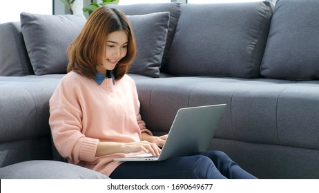 Work From Home, Asian Woman Working With Laptop Computer At Home Office, Asia Female Shopping Online, Happy Girl Learning By Internet, Study Online Education, E Commerce Business, People Technology