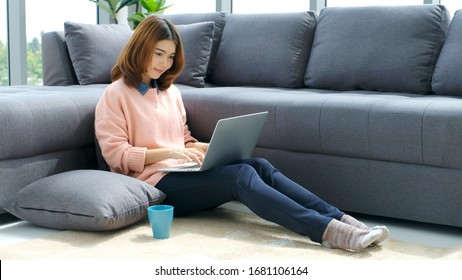 Work From Home, Asian Women Working With Laptop Computer At Home Office, Asia Female Shopping Online, Happy Girl Learning By Internet, Study Online Education, E Commerce Business, People Technology