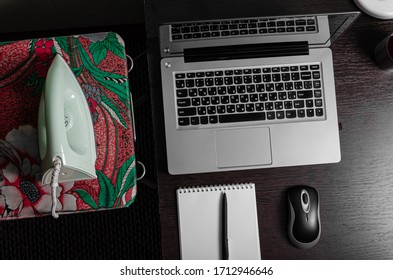 Work Home Balance Problem Concept. Workplace Desk Laptop Coffee Mug Notepad Separated From Household Chores Danger Iron On Board Washing. Success Woman Career Or Family