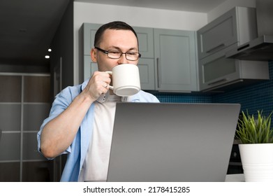 Work From Home Banner With Asian Male Drinking Coffee. Online Business Or Education.Programming Courses